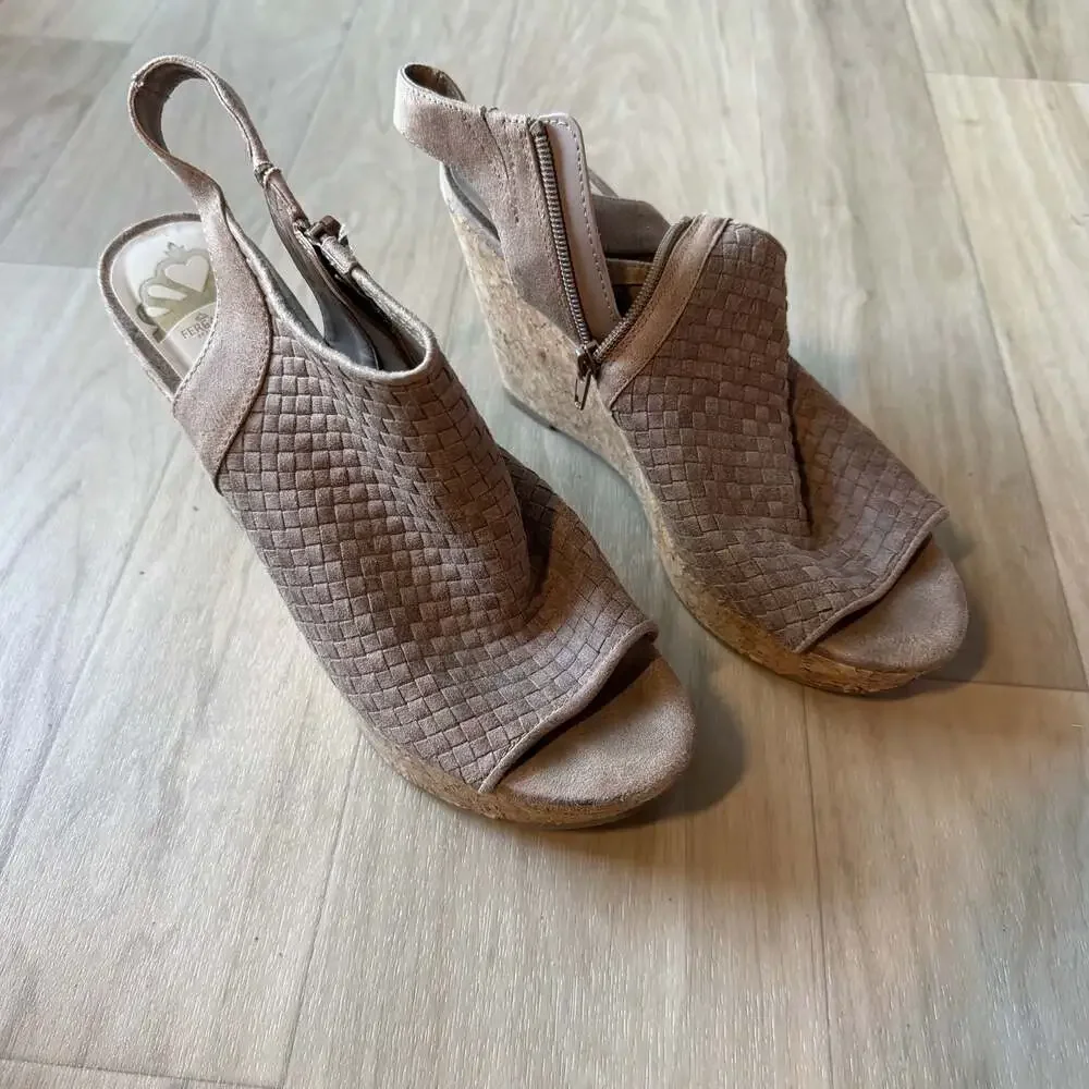 Fergalicious by Fergie Taupe Woven Cork Platform Wedge Sandals Size 9